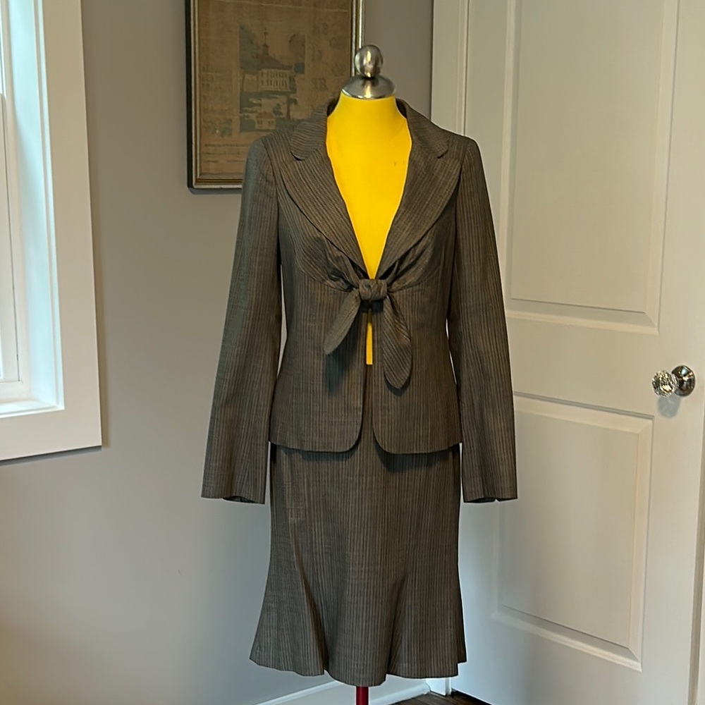 Gray Pinstripe Jacket & Skirt Suit Set, Size 8
